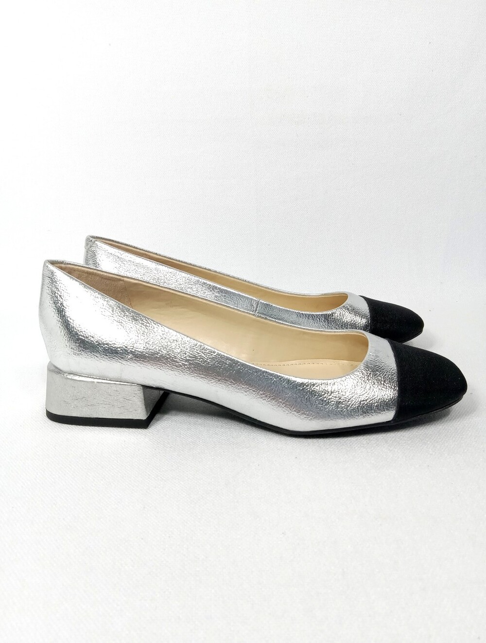 NINE WEST Sophe Silver and Black Two-Tone Low Heel Dress Pump Women's Size 7.5